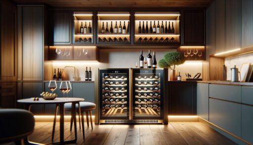 Na zdjęciu znajduje się nowoczesne wnętrze kuchni lub salonu z winiarnią. W centralnej części obrazu widać dwudrzwiową lodówkę na wino wypełnioną licznymi butelkami. Nad lodówką zainstalowano półki z wbudowanym oświetleniem, na których eksponowane są kolejne butelki wina oraz szklanki do wina