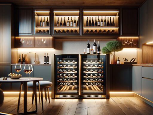 Na zdjęciu znajduje się nowoczesne wnętrze kuchni lub salonu z winiarnią. W centralnej części obrazu widać dwudrzwiową lodówkę na wino wypełnioną licznymi butelkami. Nad lodówką zainstalowano półki z wbudowanym oświetleniem, na których eksponowane są kolejne butelki wina oraz szklanki do wina