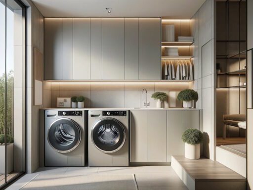 Na zdjęciu widoczne jest nowoczesne pomieszczenie, które pełni funkcję pralni lub pralnio-garderoby. Po lewej stronie znajdują się dwa urządzenia do prania ubrań: pralka i suszarka, ustawione jedno obok drugiego