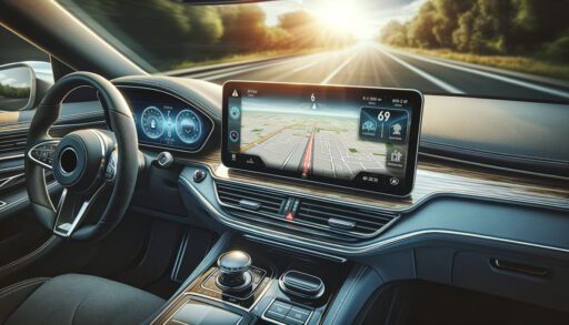 Na obrazie widzimy wnętrze nowoczesnego samochodu. Kierownica samochodu z przyciskami multimedialnymi jest umieszczona centralnie. Po lewej stronie widoczny jest cyfrowy zestaw wskaźników z prędkościomierzem i obrotomierzem. Po prawej stronie znajduje się duży, poziomy ekran dotykowy systemu nawigacji i multimediów, który wyświetla mapę i informacje o podróży, takie
