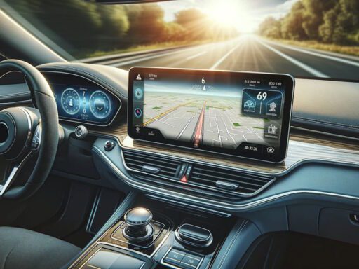 Na obrazie widzimy wnętrze nowoczesnego samochodu. Kierownica samochodu z przyciskami multimedialnymi jest umieszczona centralnie. Po lewej stronie widoczny jest cyfrowy zestaw wskaźników z prędkościomierzem i obrotomierzem. Po prawej stronie znajduje się duży, poziomy ekran dotykowy systemu nawigacji i multimediów, który wyświetla mapę i informacje o podróży, takie
