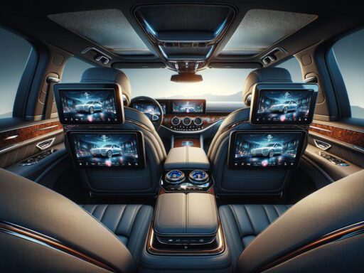 Na zdjęciu widać wnętrze luksusowego samochodu osobowego. Centralnym punktem jest skórzana tapicerka w ciemnych barwach. Na tylnych siedzeniach zamontowane są dwa duże ekrany multimedialne, na których wyświetlane są widoki z kamery przedniej samochodu. Deska rozdzielcza i panele drzwiowe są wykończone elementami wykonanymi z ciemnego drewna, nadając wnętrzu elegancki wy