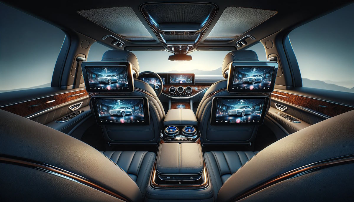 Na zdjęciu widać wnętrze luksusowego samochodu osobowego. Centralnym punktem jest skórzana tapicerka w ciemnych barwach. Na tylnych siedzeniach zamontowane są dwa duże ekrany multimedialne, na których wyświetlane są widoki z kamery przedniej samochodu. Deska rozdzielcza i panele drzwiowe są wykończone elementami wykonanymi z ciemnego drewna, nadając wnętrzu elegancki wy