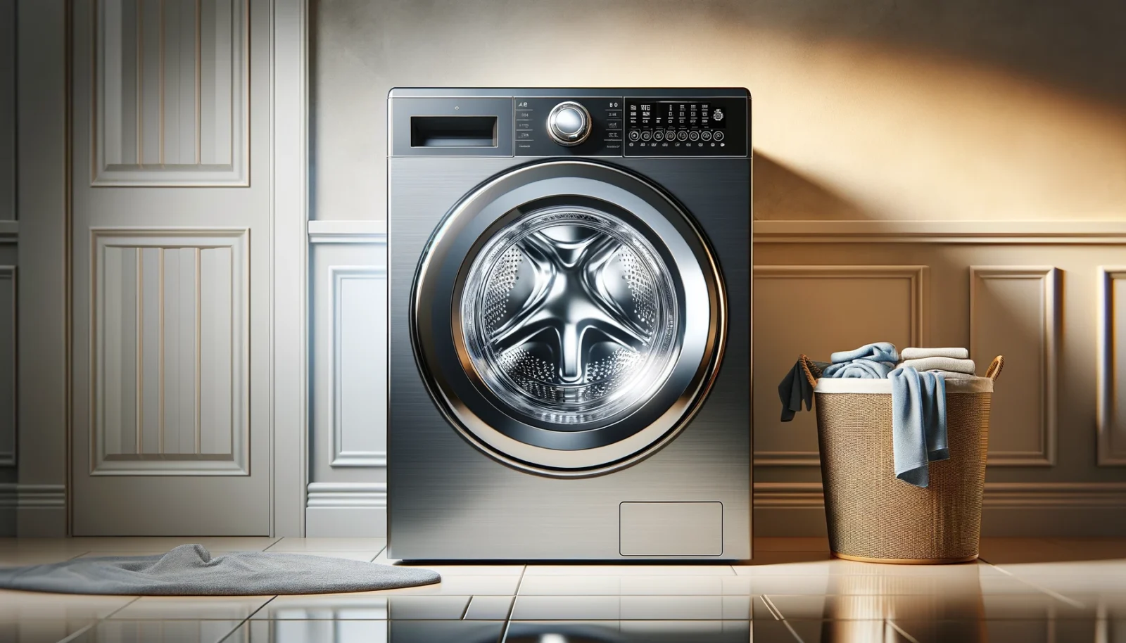 Na zdjęciu widoczna jest nowoczesna pralka umieszczona w eleganckim pomieszczeniu, prawdopodobnie w pralni. Pralka jest koloru srebrnego z przezroczystymi drzwiami i panel sterowania na górze. Z prawej strony pralki znajduje się ciemnozłoty kosz na pranie, w którym leżą złożone i poukładane, głównie błękitne ręczniki oraz wiszące nie