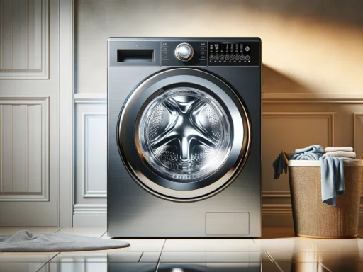 Na zdjęciu widoczna jest nowoczesna pralka umieszczona w eleganckim pomieszczeniu, prawdopodobnie w pralni. Pralka jest koloru srebrnego z przezroczystymi drzwiami i panel sterowania na górze. Z prawej strony pralki znajduje się ciemnozłoty kosz na pranie, w którym leżą złożone i poukładane, głównie błękitne ręczniki oraz wiszące nie